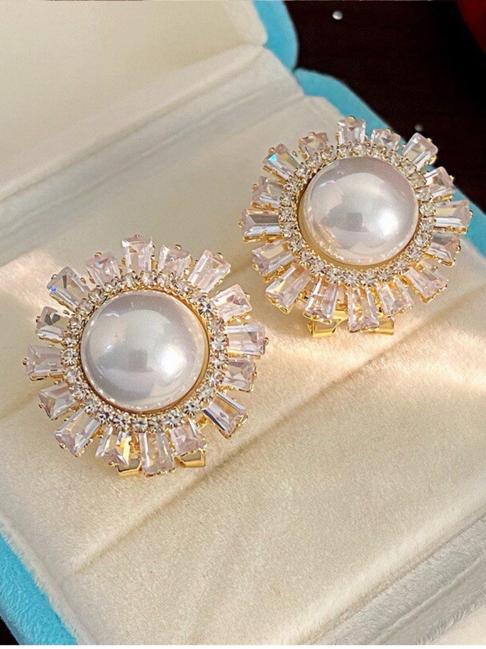 Gold-Tone Pearl and Crystal Sunburst Clip-On Earrings